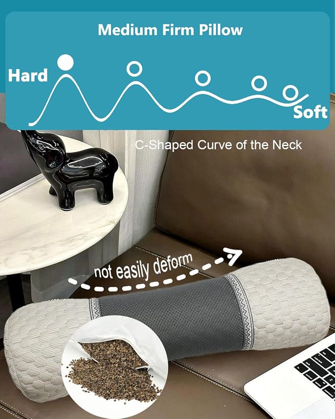 Buckwheat Cervical Pillow for Sleeping, Adjustable Roll Pillow for Neck Relief with Washable Pillowcase, Round Cylinder Bolster for Firm Support, 16x4 inch (Khaki)