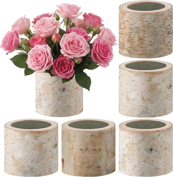 6 Pack Birch Bark Wooden Vase Set with Foam for Wedding Decor | Rustic Flower Planters, Table Centerpieces and Farmhouse Home Decor, Garden Arrangements, Natural Wood Texture Pots