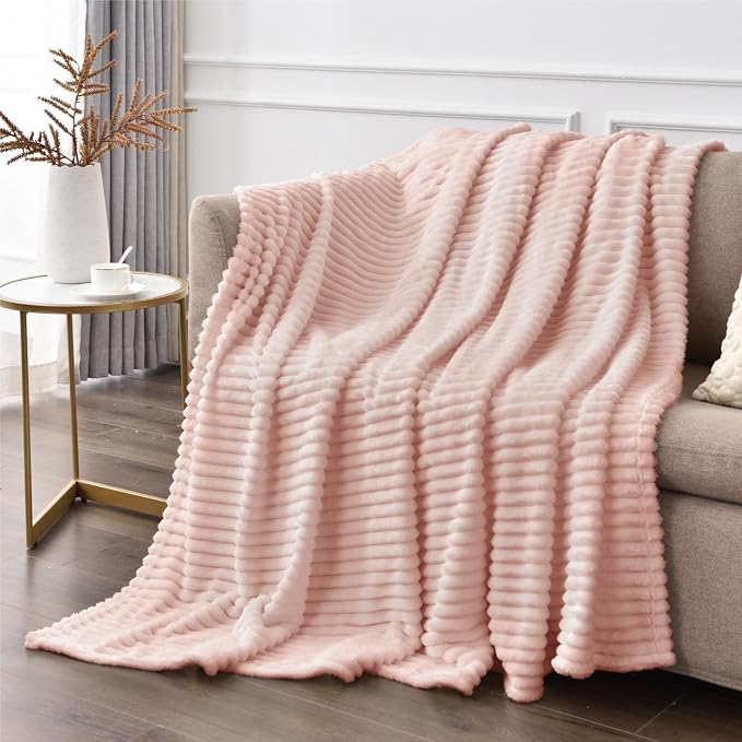 BEDELITE Ribbed Jacquard Light Pink Fleece Twin Blanket for Bed, 60x80 Inch | Soft Warm Decorative Fluffy Blanket, Cozy Plush Lightweight Fuzzy Throw Blanket for Couch Sofa Room Decor, Gift for Women