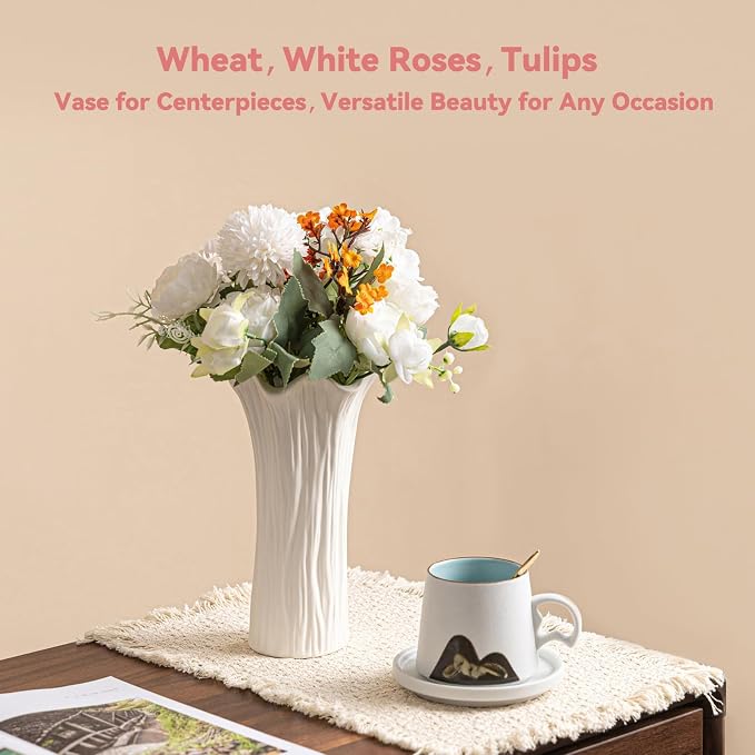 White Ceramic Vase with Ruffled Rim & Vertical Fluted Texture - 8.5" Unique Flower Vase for Pampas Grass & Centerpieces, Decorative Boho/Farmhouse Vase for Living Room, Office & Gift for Her/Yourself