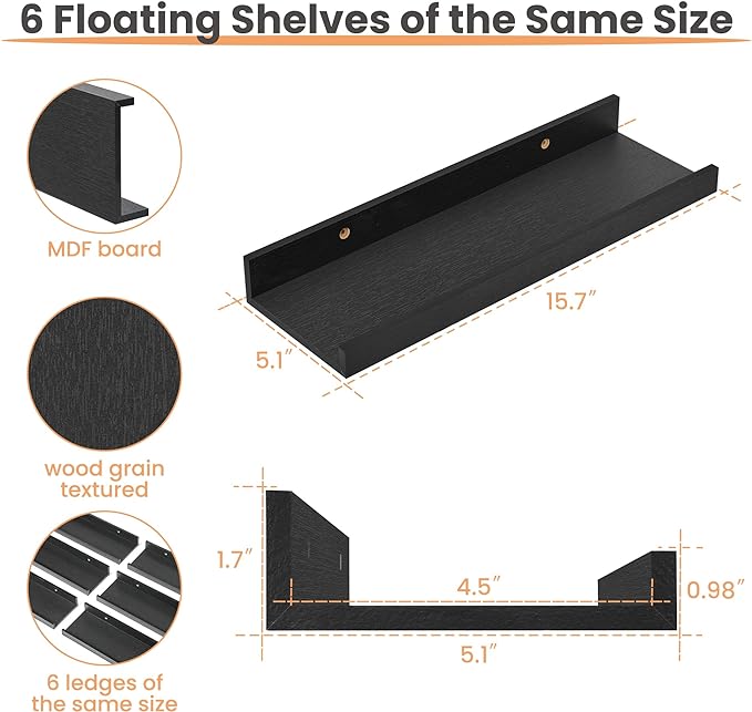 upsimples Floating Shelves for Wall Decor and Storage, Black, 6Pcs 15.7'' | Wall Mounted Wood Shelves for Living Room, Bedroom, Bathroom, Kitchen, Office, Laundry Room Display and Organize
