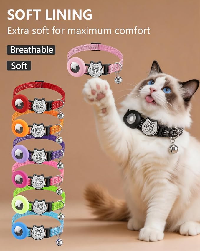 Cat Collar with AirTag Holder, QR Code Tag and Bell (Black)