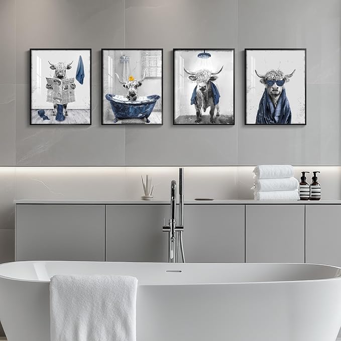 Framed Highland Cow Funny Animal Bathroom Wall Art, 4 Piece 11x14 In | Crystal porcelain coating, Waterproof prints, Navy blue and grey pictures, Wall decor for restroom toilet washroom