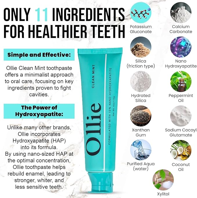 Ollie Clean Mint Nano Hydroxyapatite Toothpaste for Teeth Whitening, 10% Hydroxyapatite Formula, (Pack of 3, 4oz)