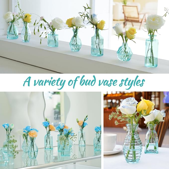 Bud Vases Set of 12 Blue Glass Vase for Decor | Small Vintage Flower Vase Ribbed Glass Bud Vases in Bulk Wedding Bridal Shower Party Centerpieces Home Room Table Decorations