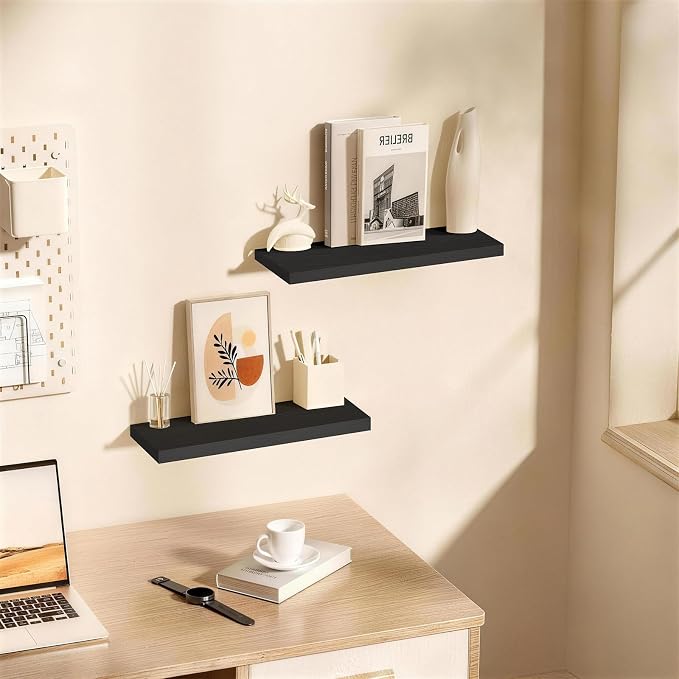 BAYKA Black Floating Shelves 22.5in, Set of 2, Wall Mount Rustic Wood Shelf | Easy Install, 22lbs Max Load, Hidden Bracket, for Bathroom Bedroom Kitchen Display Storage Decor, Hanging Book Shelf