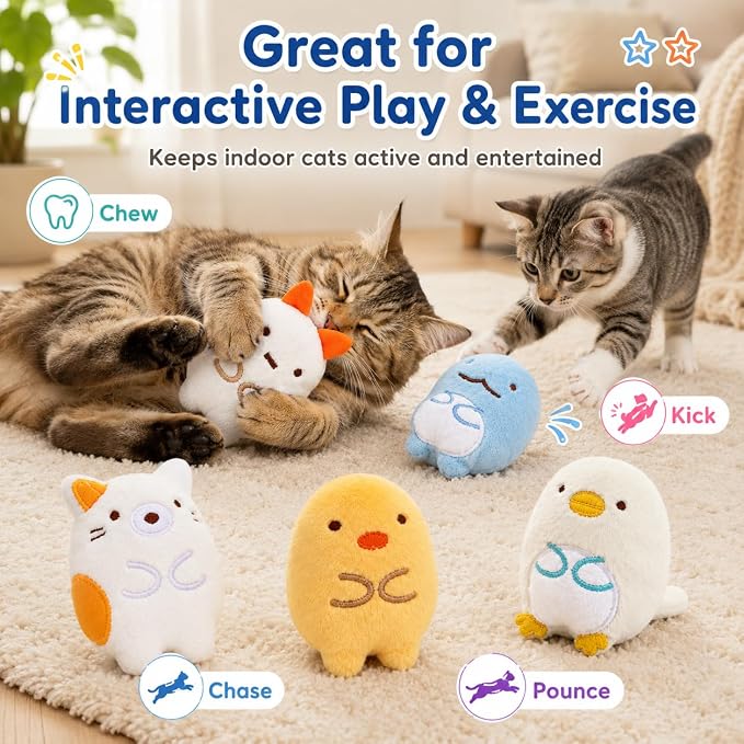 6 Pack Catnip Toys for Cats – Plush Interactive Cat Toys for Indoor Cats & Kittens – Soft Catnip Filled Chew, Kick & Toss Toys – Cute Assorted Plush Characters for Stress Relief & Exercise