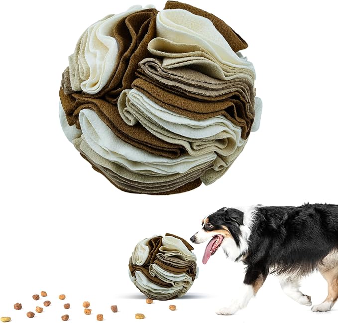 Pet Snuffle Ball, Puzzle Sniffing Interactive Dog Ball for Blind Dogs Training Stress Relief Dog Enrichment Toys Treat Machine Washable (20cm, Milk Tea Brown)