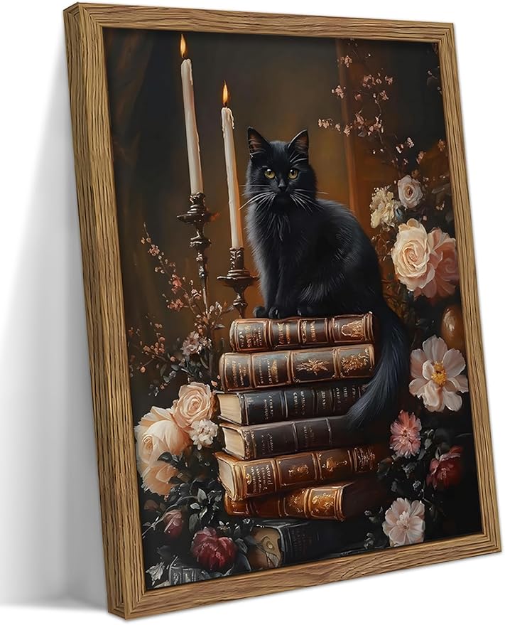Vintage Dark Academia Framed Wall Art, Victorian Black Cat Floral Canvas Prints, Antique Book Wildflower Gothic Wall Decor for Living Room Gallery Library – Dark Wooden Frame 12x16in