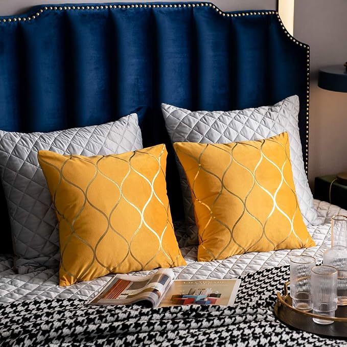 16x16 Inch Gold Velvet Throw Pillow Covers: 2 Pack Square Decorative Pillow Cases for Bedroom Sofa Couch Living Room, Yellow