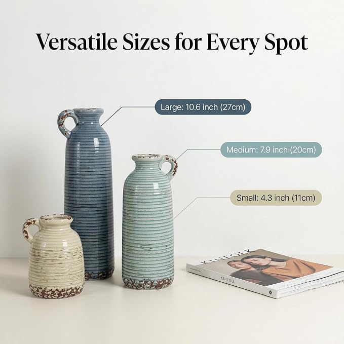 Ceramic Vase Set of 3 with Handles, Blue Neutral Rustic Modern Farmhouse Boho Decor, Versatile as Table Centerpiece or Mantel & Shelf Accent - Unique Home Gift Idea