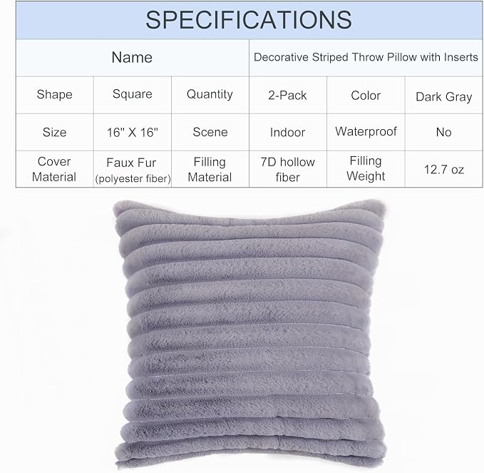 Decorative Throw Pillow with Inserts, Set of 2 Soft Faux Fur Throw Pillows, Square Boho Striped Pillow for Couch, Bed, Sofa Decor(Gray, 16" x 16")