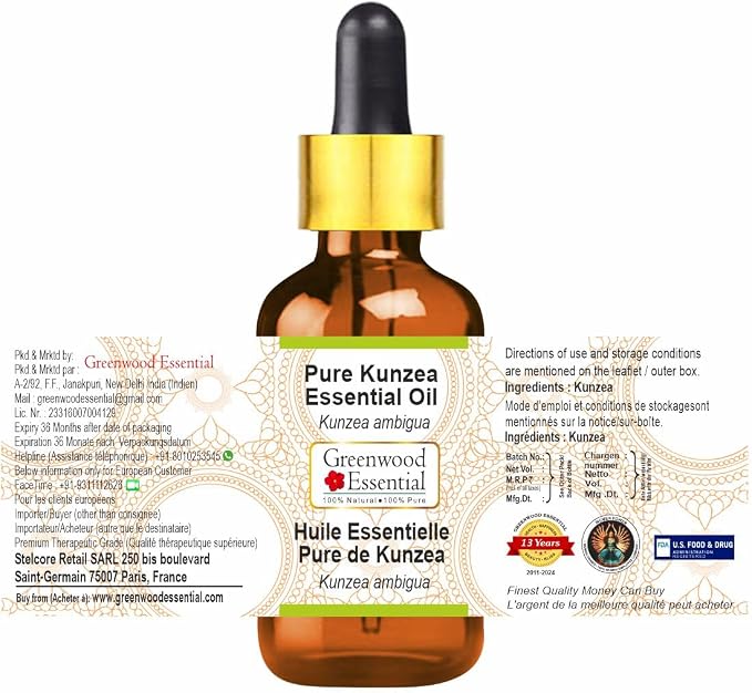 Greenwood Essential Kunzea Essential Oil (Kunzea ambigua) with Glass Dropper | Pure | Non-Sticky | Non-Greasy | Lightweight | Men & Women | All Skin Types | Steam Distilled 5ml (0.16 oz)
