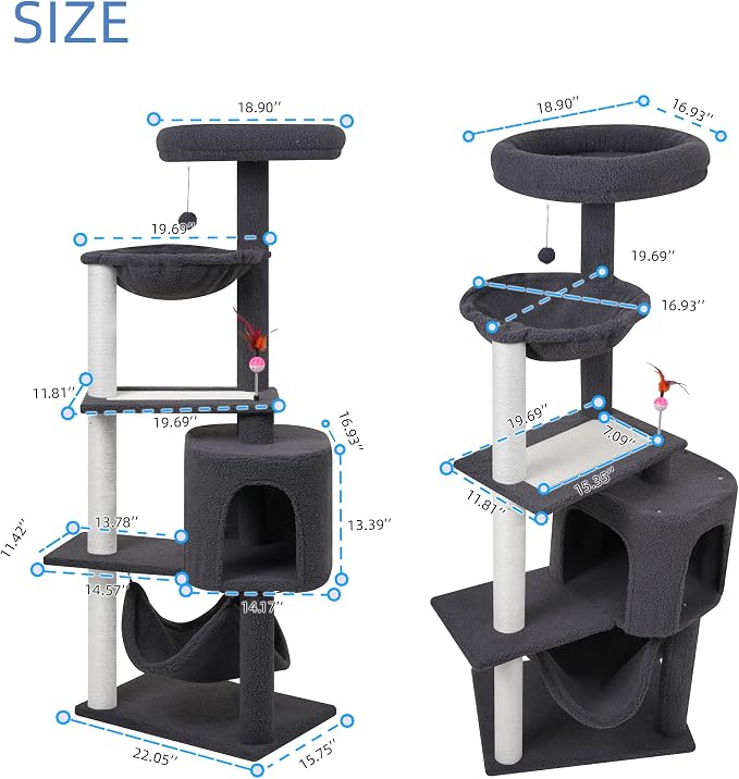 YUNIQUE Cat Tree with Cat Condo Scratch Posts Scratch Tablet and Big Hammock, (60.2‘’ Grey)