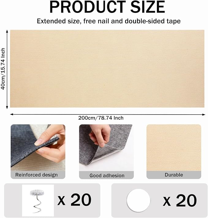 78.8"x15.8" Khaki Cat Scratch Furniture Protector,DIY Cat Scratching Pad Protection for Couch Bed,Cat Carpet and Cat Scratching Post Trimmable Self-Adhesive Cat Scratching Mat(Black)