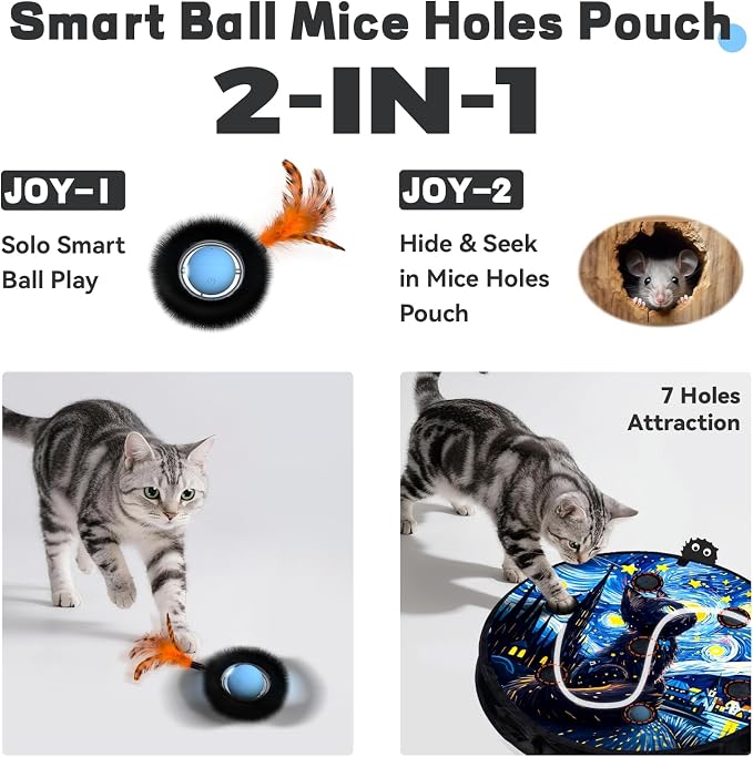 Interactive Cat Toy for Indoor Cats, Motion Activated Ball &7-Hole Maze Mat | Hide and Seek Exercise Game for Indoor Cats, Automatic Moving Cat Ball in Pouch, Rechargeable Kitten Toys (Starry Night)