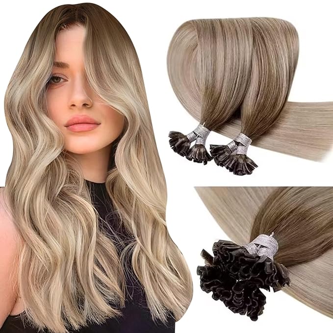 LaaVoo Ktip Human Hair Extensions Ombre Light Brown to Ash Blonde with Platinum Blonde U Tip Hair Extensions Human Hair 16in 1g/1s 50g