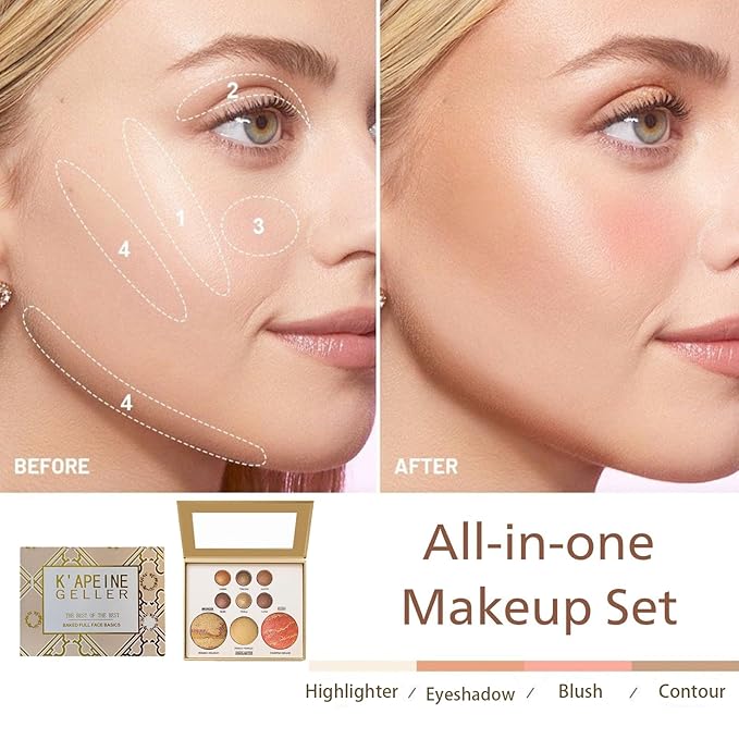 K'APEINE All in One Baked Makeup Palette, Dark Brown Eyeshadow, Blush Highlighter & Bronzer Face Kit Neutral Baked Powder Palette Hign Pigment Full Face Makeup Set with Matte Shimmer Finish for Women