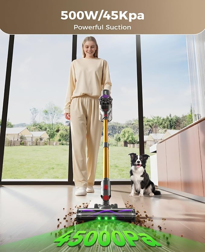 Cordless Vacuum Cleaner, 500W 45KPA Stick Vacuum Cleaners for Home