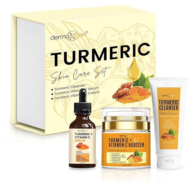 Glow Boosting Moisturizer, Organic Ingredients, Anti-Aging, Reduce Acne, Dark Spot Remover, Cleanser, Moisturizing Cream, Serum & Oil for Normal Oily Skin - Set of 3 (Turmeric Premium Set)