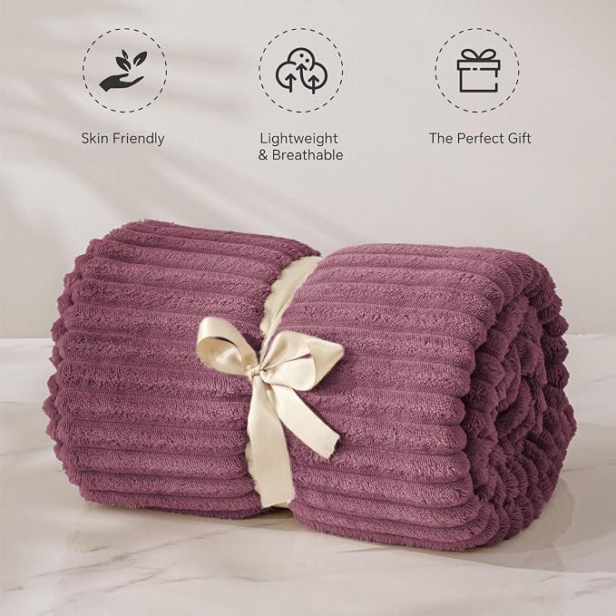 BEDELITE 3D Ribbed Jacquard Plum Fleece Throw Blanket for Couch, 50x60 Inch | Soft Warm Decorative Fluffy Blanket, Cozy Plush Lightweight Fuzzy Throw Blanket for Bed Sofa Home Room Decor, Gift for Women