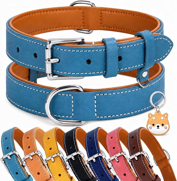 Genuine Leather Dog Collar, Soft Padded Leather Dog Collars with Airtag Holder Case for Small Medium Large X-Large Dogs,Comfort Heavy Duty Pet Collar with Durable Metal Buckle & D-Ring-Sky Blue/S