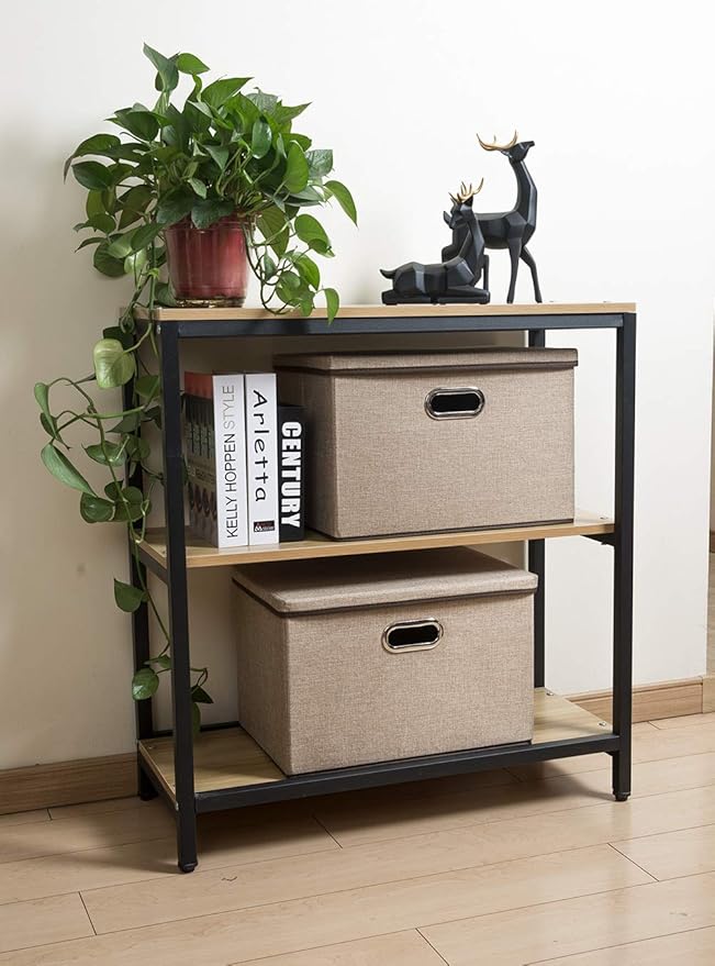 Large Collapsible Storage Bins with Lids [3-Pack] Jute Fabric Foldable Storage Boxes Organizer Containers Baskets Cube with Cover for Home Bedroom Closet Office Nursery (17.7x11.8x11.8)