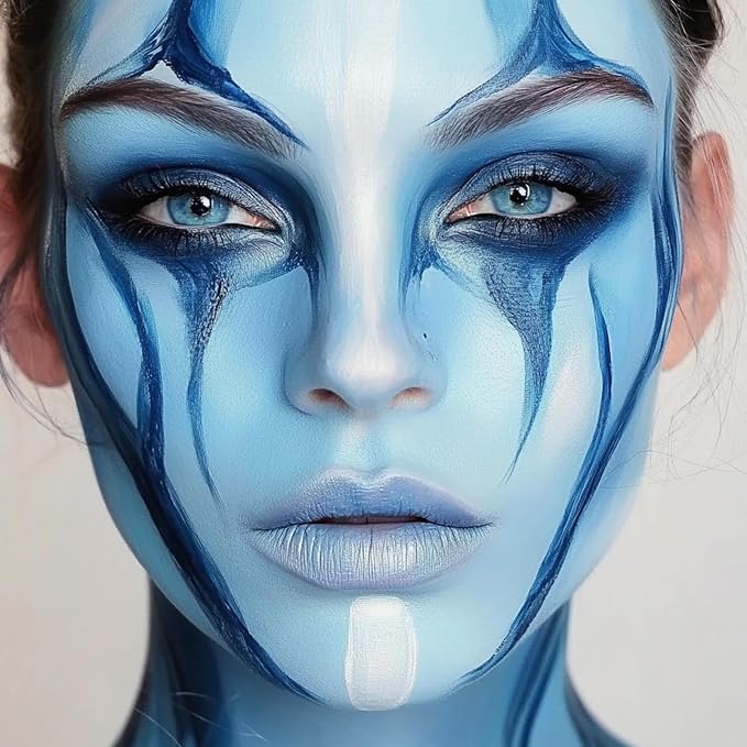 White Light Blue Face Body Paint 1.01oz/pc with 2 Sponges,Water Based Baby Blue Face Paint Kit for Corpse Bride Cosplay Sally Avatar Makeup,Halloween SFX Makeup Cream Face Painting,2.02 oz