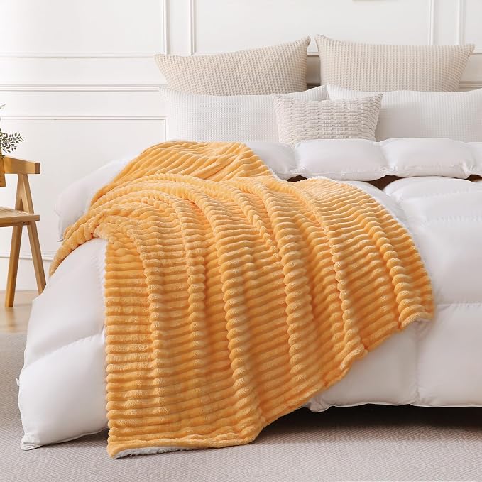 Warm Yellow Sherpa Fleece Throw Blanket 50”×60” for Couch Sofa Bed | Double Side Soft Fuzzy Cozy Plush Thick Flannel Blanket with Striped Design Gift for Adults,Woman