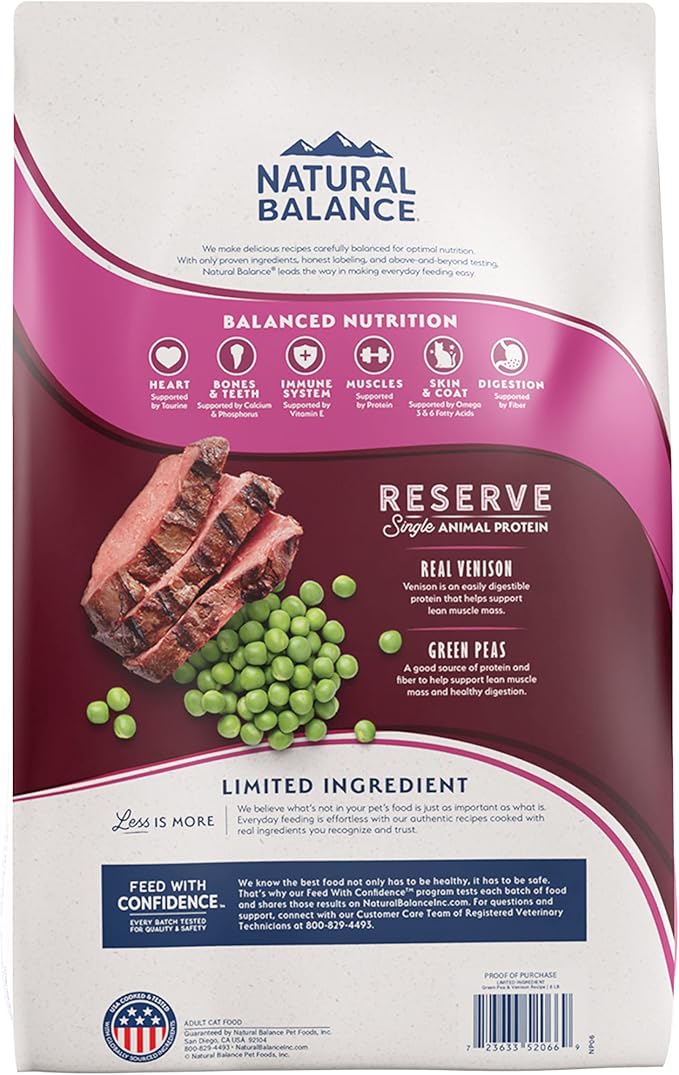 Natural Balance Limited Ingredient Adult Grain Free Dry Cat Food, Reserve Green Pea & Venison Recipe, 4 Pound (Pack of 1) | Grain-Free, Soy-Free, and Corn-Free Dry Cat Food, Balanced Nutrition for Adult Cats, Single Animal Protein
