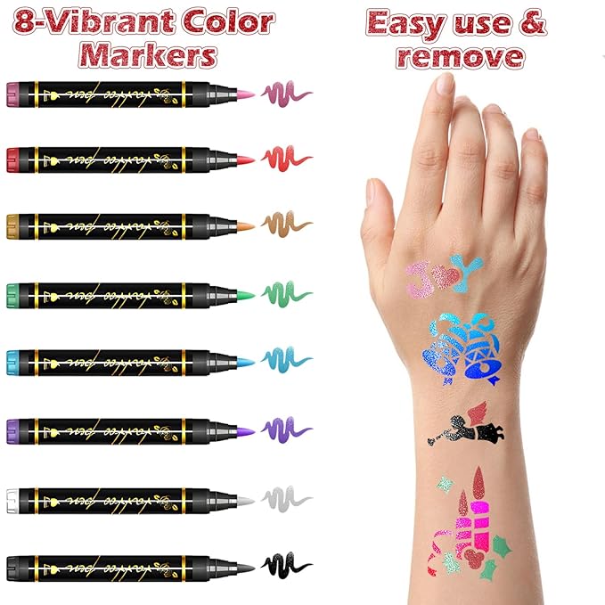 8 Metallic Temporary Tattoo Markers for Kids Adults, 155+ Christmas Santa Snowman Tattoo Stencils, Girl Boy Women Face Body Paint Cosmetic Tattoos Pens for Skin DIY Xmas Stocking Stuffers Party Favor