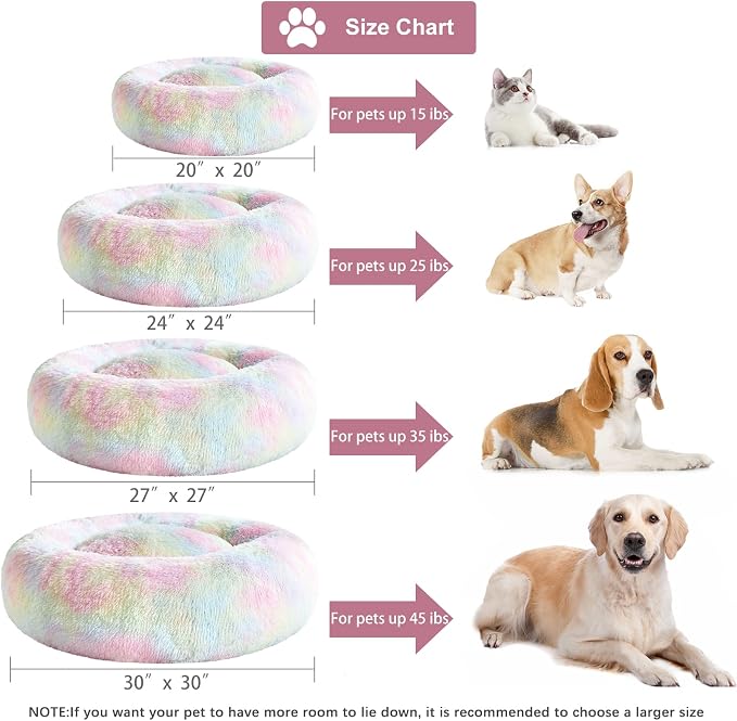 WNPETHOME Large Round Calming Dog Bed Cat Bed for Comfy Sleep | Large Cute Washable Puppy & Cat Bed with Fluffy Plush, Faux Fur Anti Anxiety Pet Bed Donut Cuddler (36x36x10 Inch, Rainbow)