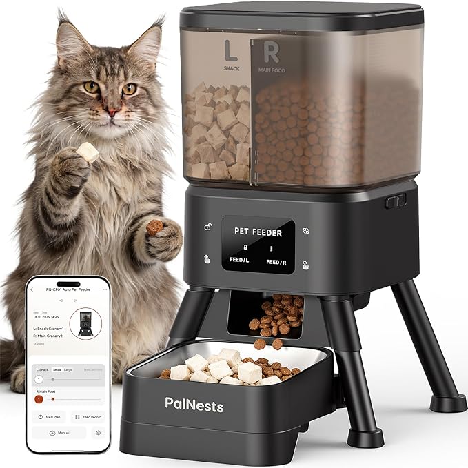 Dual Chamber Automatic Cat Feeder 4L, Dry/Treat Portion | Smart WiFi Pet Food Dispenser 4L with 2.4&5G WiFi App, Custom Schedule & Portion Control for Dry Food and Treats, Black