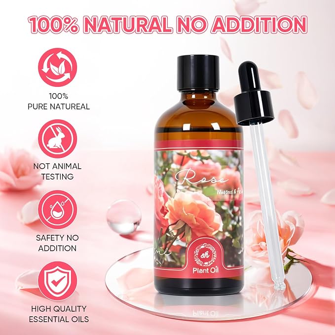 Essential Oil Rose 3.38 fl oz with Glass Dropper, Pure Fragrance Oils | Natural Essential Oils for Diffusers for Perfect for Diffuser, Home, Yoga, DIY Candle and Soap Making - 100ml