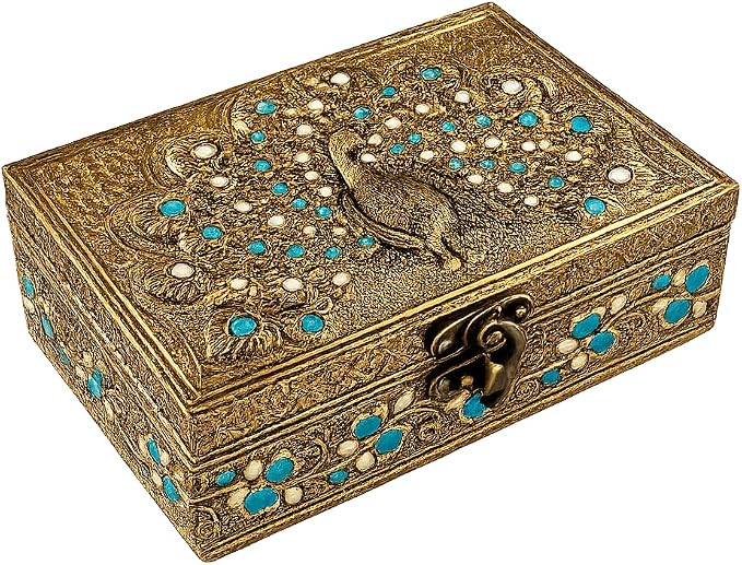 ETROVES 6 inch Jewelry Box - Handmade Portable Treasure Organiser Keepsake - Decorative Memory Storage Case Single Compartment for Women Men Jewel - Vintage Trinket Box (Peacock)
