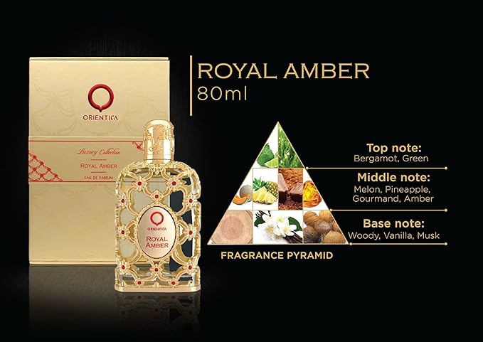 Orientica Royal Amber 4-Pc Gift Set Eau De Parfum - Fruity, Gourmand, Amber, Woody, Vanilla, Bergamot, Melon, Pineapple| Arabic Perfume for Women - 2.7oz spray, 2 x 10ml spray, 7.5ml splash