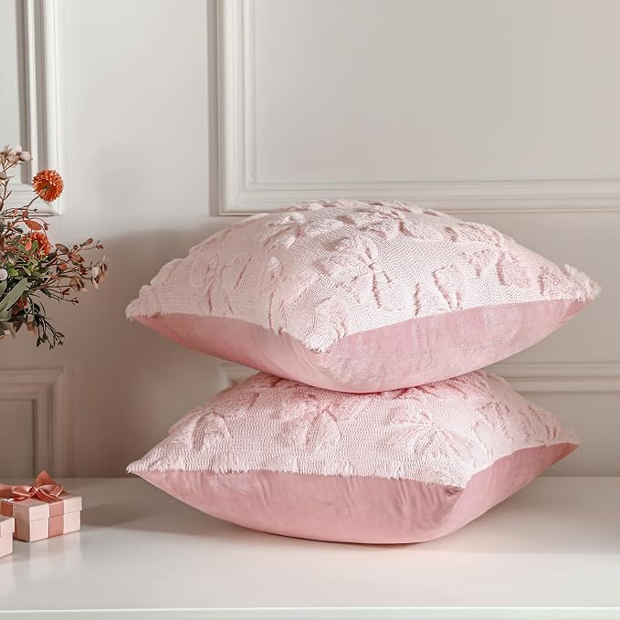 Mixweer Pink Bow Pillow Covers Set of 2 Preppy Room Decor Coquette Cute Spring Summer Decorative Faux Fur Soft Bowknot Stuff Fluffy Plush Aesthetic Pillowcase for Bed Sofa Couch (18 x 18 Inch)