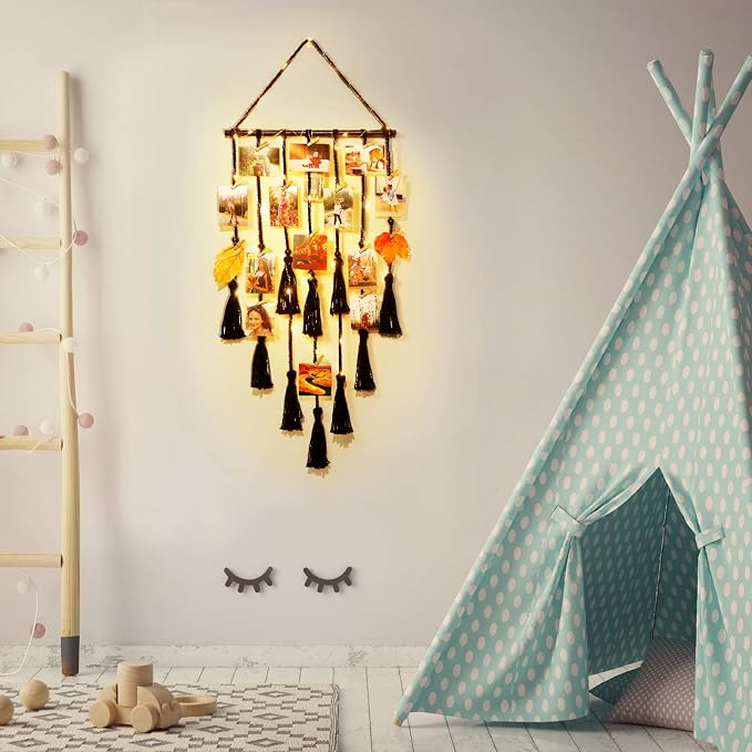 Hanging Photo Display Wall Decor, Black Macrame Hanging Boho Room Decor, Picture Frame Collage with Remote Light 30 Clips, Bedroom Apartment Home Decor, Christmas Mom Grandma Teen Girl Gifts