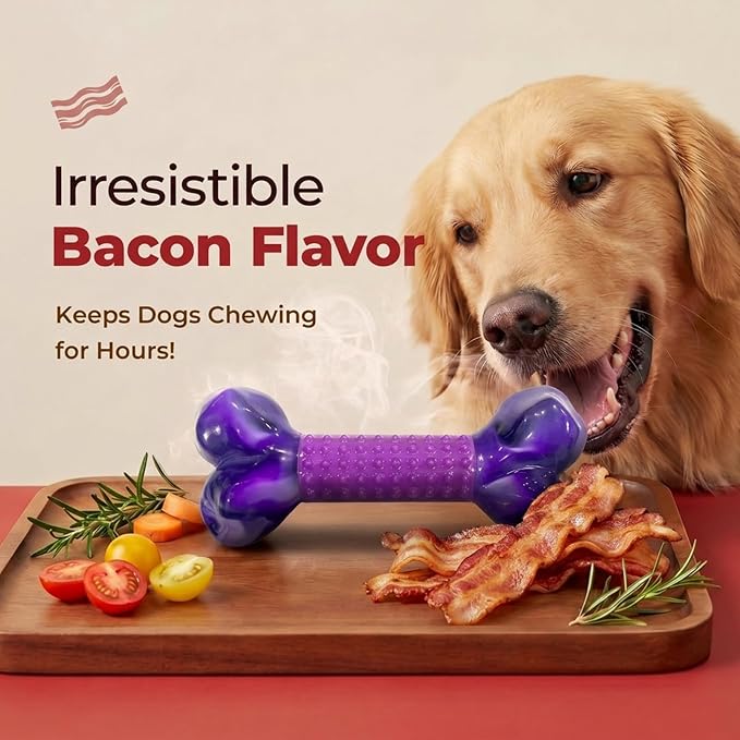 Tough Dog Toys for Aggressive Chewers Large Breed, Dog Chew Bone with Bacon Flavor, Pure Nylon Chew Toy for Medium Large Dogs, Bacon Flavor, Purple
