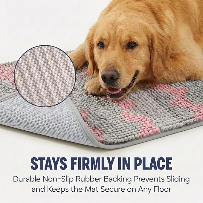 Muddy Mat® Super Absorbent Loop-Thread Chenille Dog Door Mat for Muddy Paws – Non-Slip, Machine Washable Indoor Entry Rug, Quick-Dry Pet Mat for Entryway – Pink Chevron 19"x30"