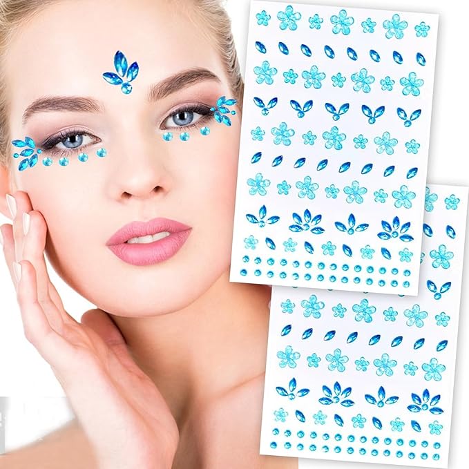 Flower Face Tattoo Sticker Blue Face Gems Summer Face Jewelry for Girls- Self-Adhesive Rhinestones for Eyes, Face, Nail Body – Festival Halloween Christmas Cosplay Makeup Decoration (blue)