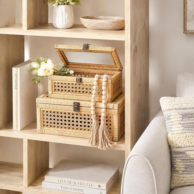 Set of 2 Handwoven Boho Rattan Decorative Boxes with Glass Lid | Wicker Display Boxes for Jewelry, Keepsakes & Home Decor, Stackable Boho Organizer for Coffee Table, Bedroom & Shelf