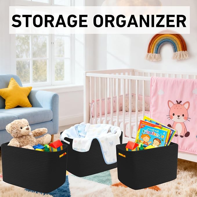 3 Pack Woven Baskets,Storage Baskets for Shelves with Handles | 13.5"×11"×9.5",Closet Baskets,Gift Basket,Nursery Organizer for Toys Towels Books,Storage Bin for Living Room Bedroom-Black