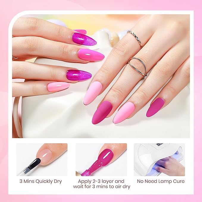 Hot Pink Nail Polish Set, Quick Dry Spring Summer Regular Nail Polish Neon Pink Glitter Fingernail Polish Natural Neutral Nail Lacquer High Glossy Nail Manicure DIY Salon Gift for Women Girl