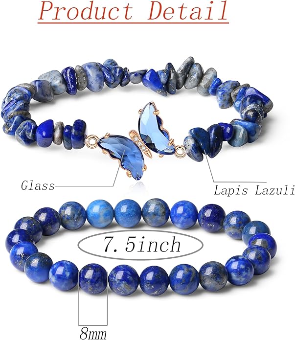 DUQGUHO 2Pcs Butterfly Bracelets for Women Healing Crystals Bracelets for Women Natural Gemstone Bead Bracelet Cute Butterfly Charm Bracelet Stretch 8mm Crystal Jewelry Gifts for Women