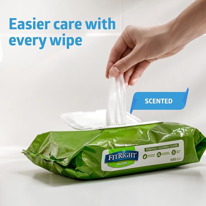 FitRight Personal Cleansing Wipes with Aloe 8x10 Unscented 816 Count | Moisturizing Body Wipes for Adults, Incontinence Cleaning, Cloth Wipes for Elderly Care & Bathing