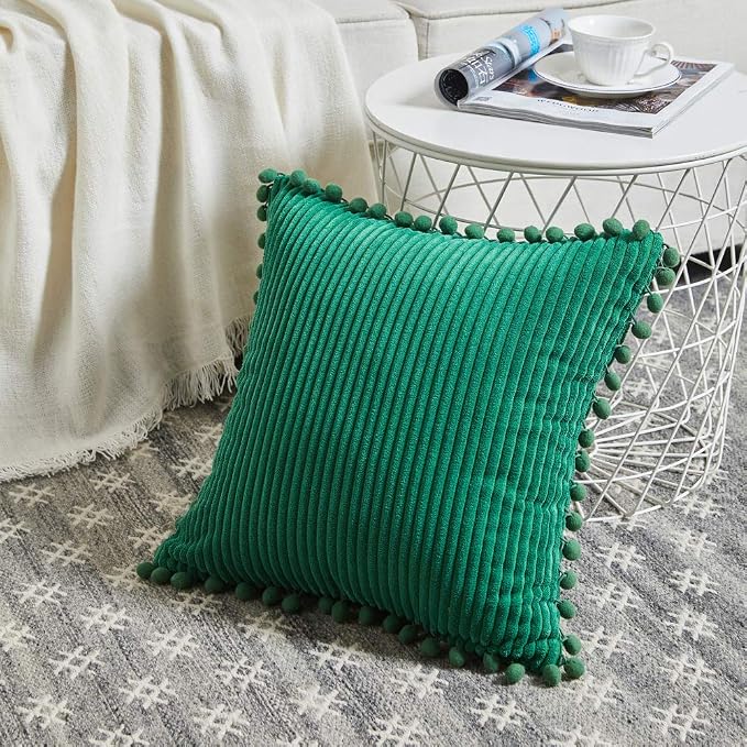 Fancy Homi Pack of 2 Corduroy Christmas Decorative Throw Pillow Covers with Pom-poms, Soft Solid Square Cushion Pillow Cases Set for Couch Sofa Bedroom Car Living Room (16x16 Inch/40x40 cm, Green)