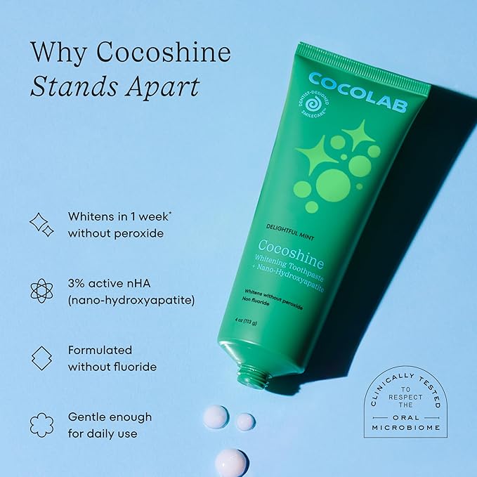 COCOLAB Cocoshine Whitening Toothpaste, Delightful Mint Flavor, Dentist-Designed Oral Care with nHA, Non-Fluoride, Vegan, Recyclable Tube, Coconut-Oil Infused, 4 oz