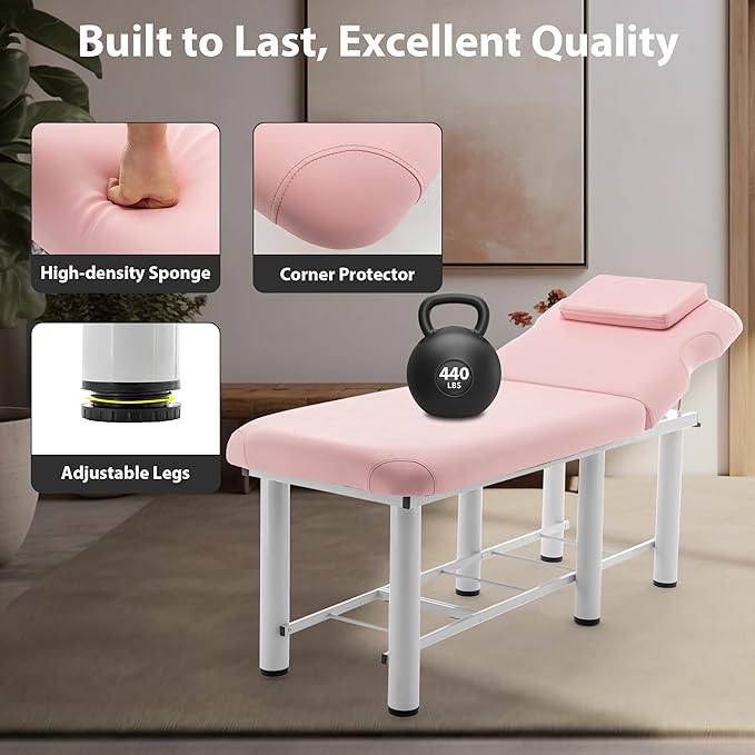 Professioanl Massage Table w/Adjustable Backrest for Treatment Table Spa Facial Bed Barber Beauty Equipment, Metal Frame PU Leather, Removable Headrest Salon Bed, Pink
