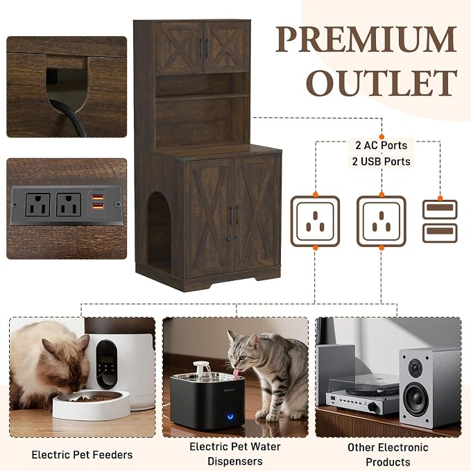 71Inches Tall Cat Litter Box Enclosure for Cats W/Power Outlets,Open Shelves.Wooden Pet Washroom Furniture W/Lock,Cabinet.White Indoor Cats House,Hidden Cat Litter Box for Living Room,Bedroom(Brown-2)